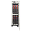 Pylontech lithium battery cabinet with white exterior frame showing six stacked black US2000C modules with red indicator ligh