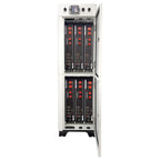 Pylontech lithium battery cabinet with white exterior frame showing six stacked black US2000C modules with red indicator ligh