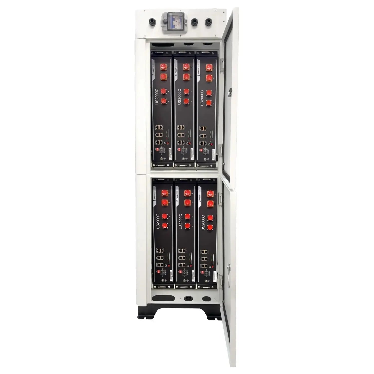 Pylontech lithium battery cabinet with white exterior frame showing six stacked black US2000C modules with red indicator ligh
