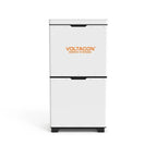 Voltacon Energy Systems white lithium battery cabinet with stacked modules and black accents, front view product shot.
