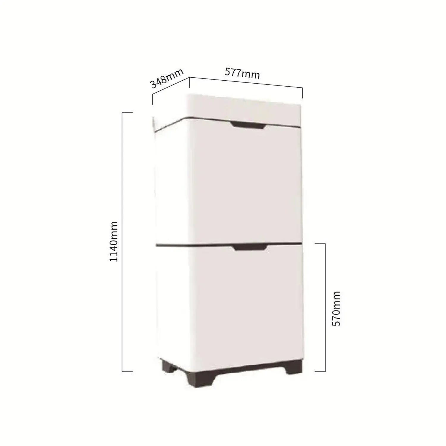Dimension diagram of white rectangular battery cabinet with measurements: 577mm width, 348mm depth, 1140mm height, 570mm lowe