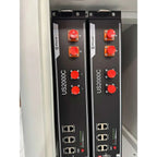 Two black Pylontech US2000C lithium battery cabinets mounted vertically, each with red connectors and network ports, shown in