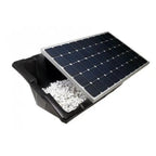 Solar panel mounting tray with dark base unit containing white ballast stones and attached solar panel at angled position.
