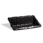 Black plastic solar panel mounting tray with vertical ribs and metal reinforcement bars, angled view on white background.