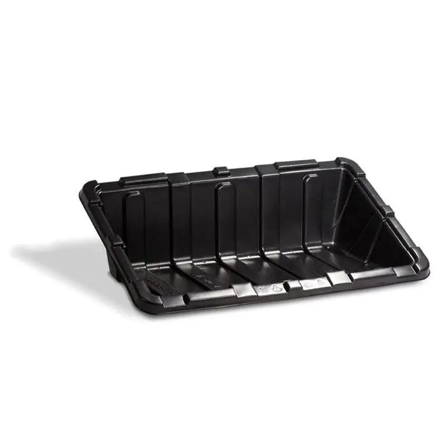 Black plastic solar panel mounting tray with vertical ribs and metal reinforcement bars, angled view on white background.