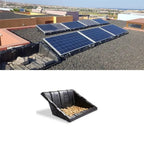 Renusol ConSole+ mounting tray installed on flat roof with solar panels, plus closeup of empty black tray with gravel ballast