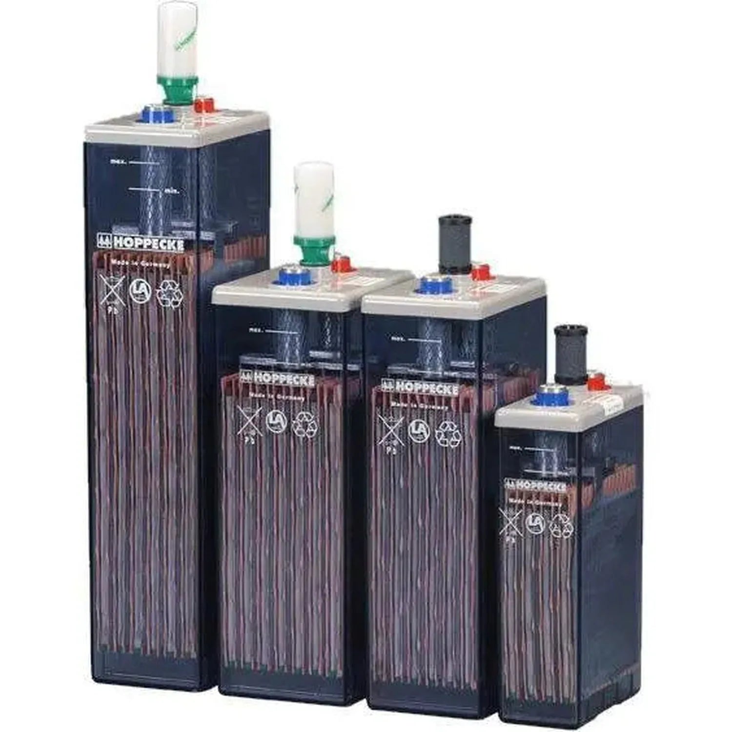 Four Hoppecke OPzS lead acid battery units in descending heights, each with green and black connectors on top, arranged to sh
