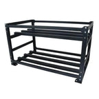 Black steel frame battery mounting rack with horizontal support bars, isolated product shot.