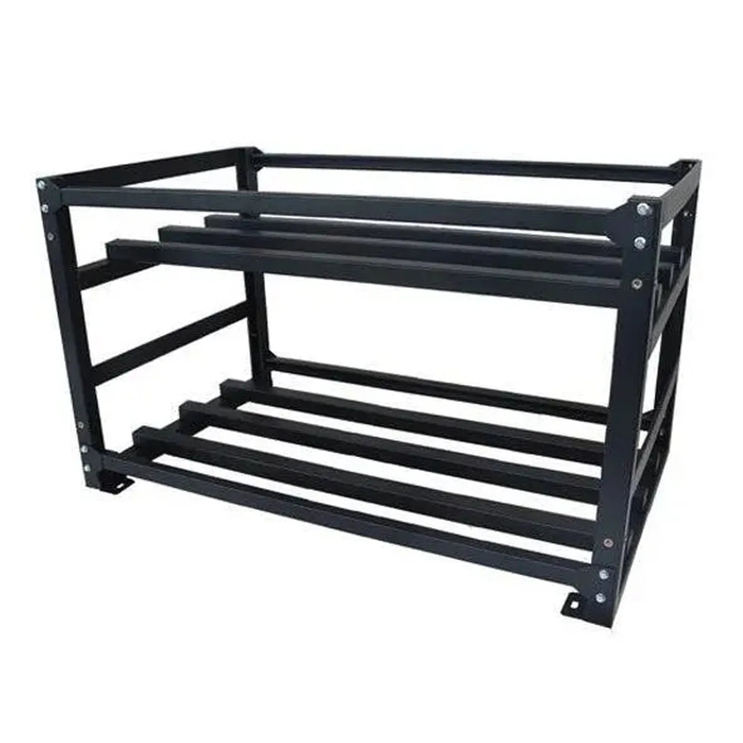 Black steel frame battery mounting rack with horizontal support bars, isolated product shot.