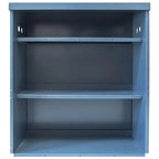 Blue metal battery cabinet with two adjustable shelves and ventilation holes on sides, empty interior view.