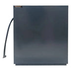Voltacon dark gray metal power cabinet with curved cable attachment on left side, front view.