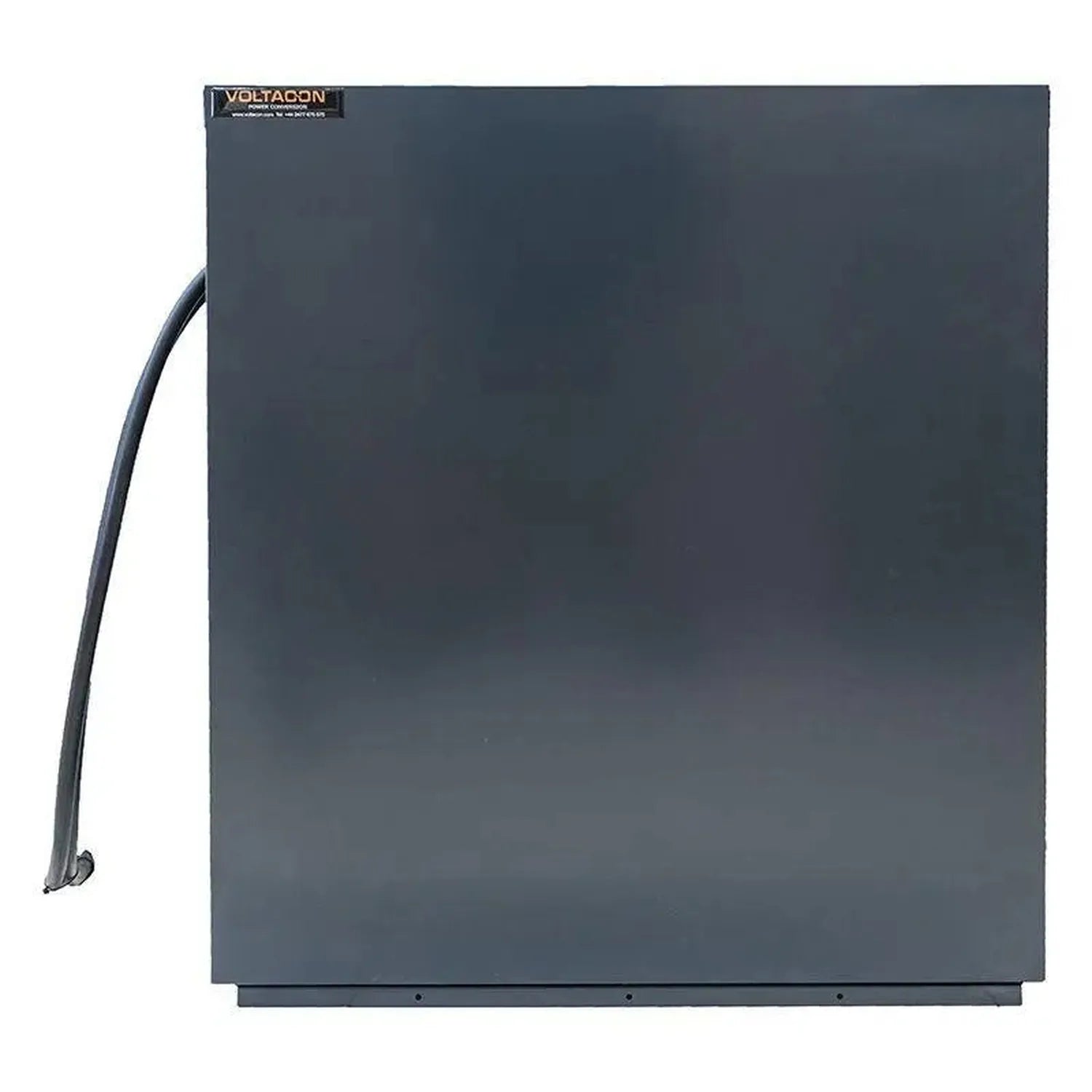 Voltacon dark gray metal power cabinet with curved cable attachment on left side, front view.