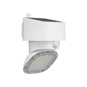 White solar motion sensor wall light with adjustable head and mesh lens, shown against plain background.