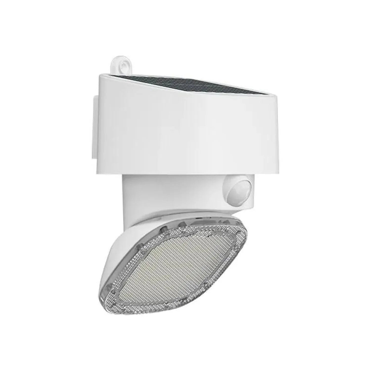 White solar motion sensor wall light with adjustable head and mesh lens, shown against plain background.