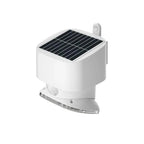 White solar-powered wall light with black solar panel on top and motion sensor bracket, product shot on white background.