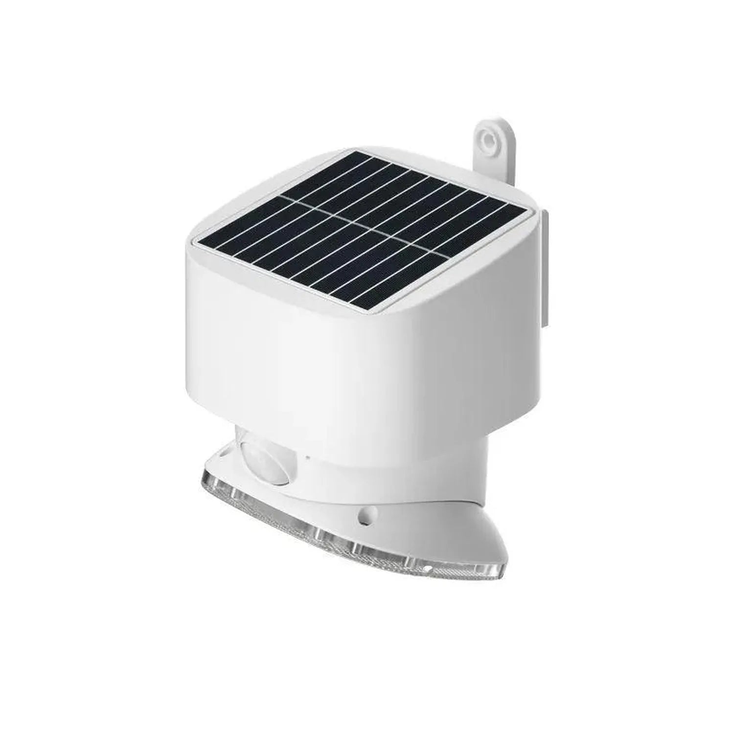 White solar-powered wall light with black solar panel on top and motion sensor bracket, product shot on white background.