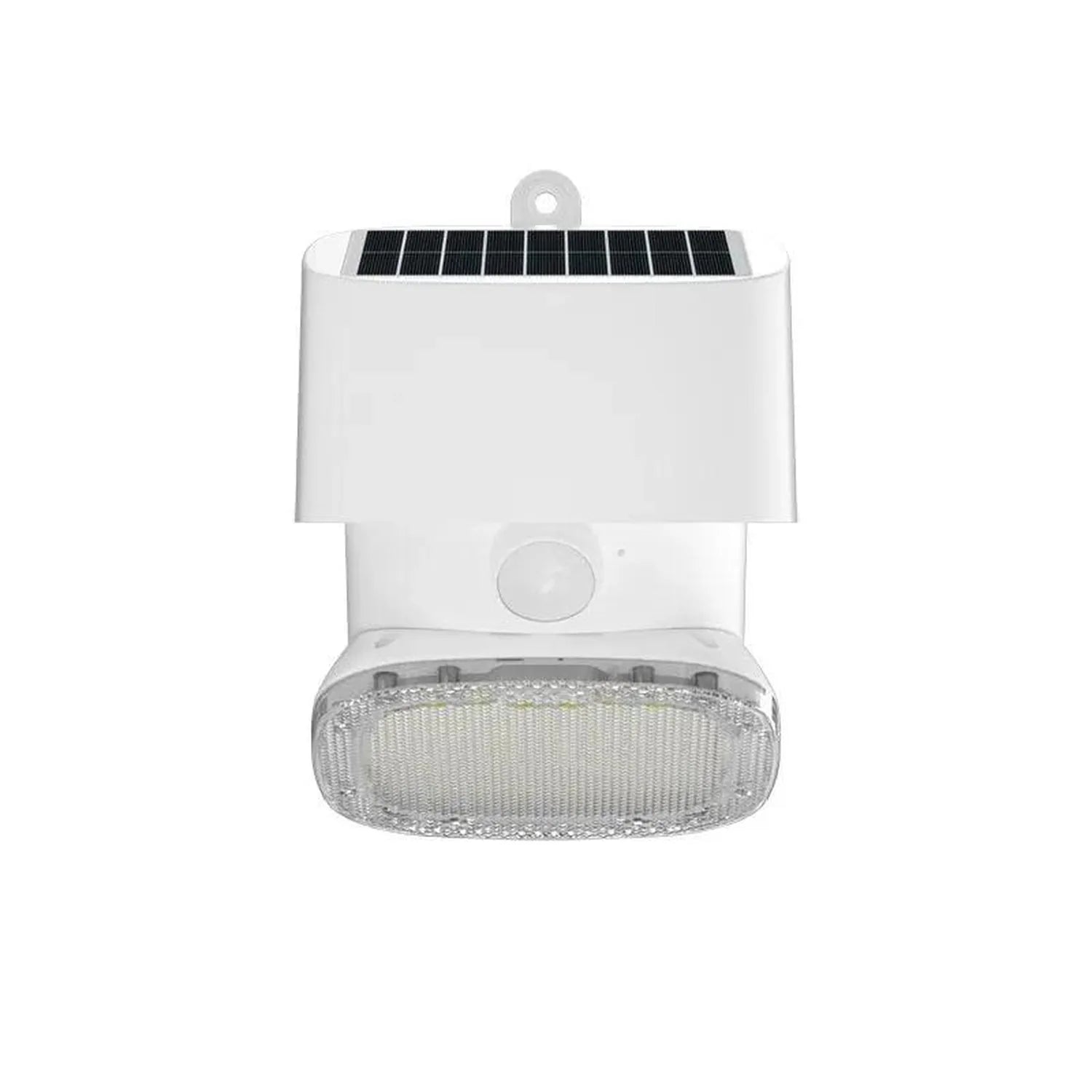 White solar wall light with motion sensor, LED lens below, solar panel top, and hanging loop, front view.