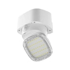 White cylindrical solar LED wall light with adjustable head and motion sensor, shown at angle against white background.