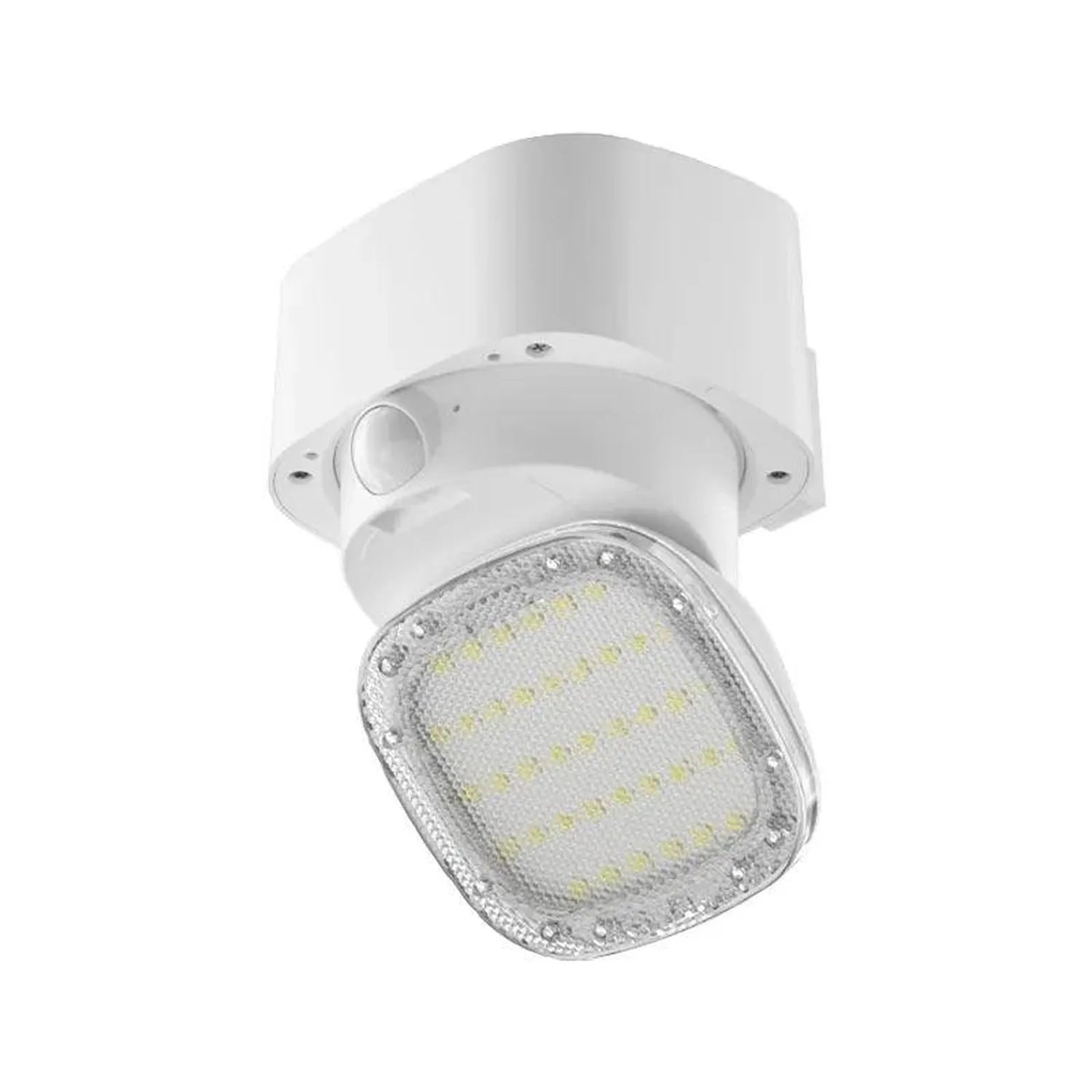 White cylindrical solar LED wall light with adjustable head and motion sensor, shown at angle against white background.