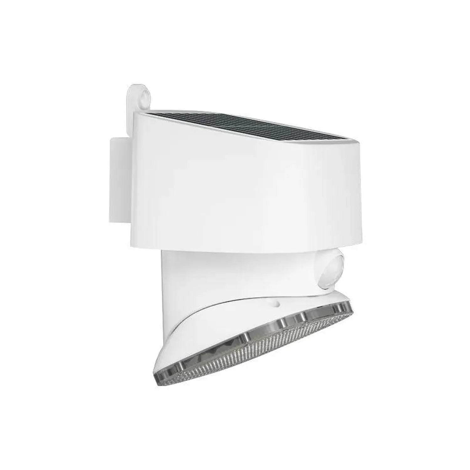 White solar-powered wall light with motion sensor, featuring metal grille detail and mounting bracket, isolated on white back