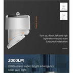 Solar motion sensor wall light with vertical sliding adjustment and directional arrows showing 2000 lumens brightness capabil