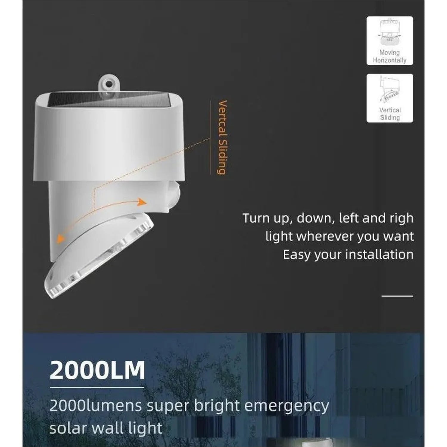Solar motion sensor wall light with vertical sliding adjustment and directional arrows showing 2000 lumens brightness capabil