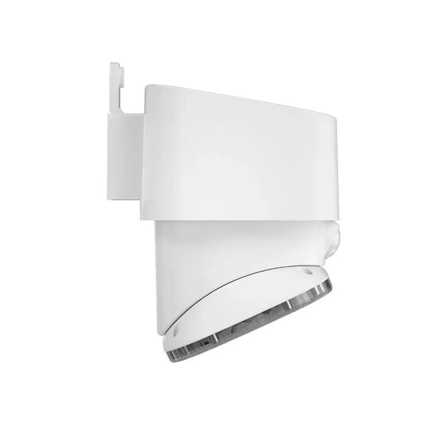 White solar motion sensor wall light with metal trim band, shown at angle against white background.