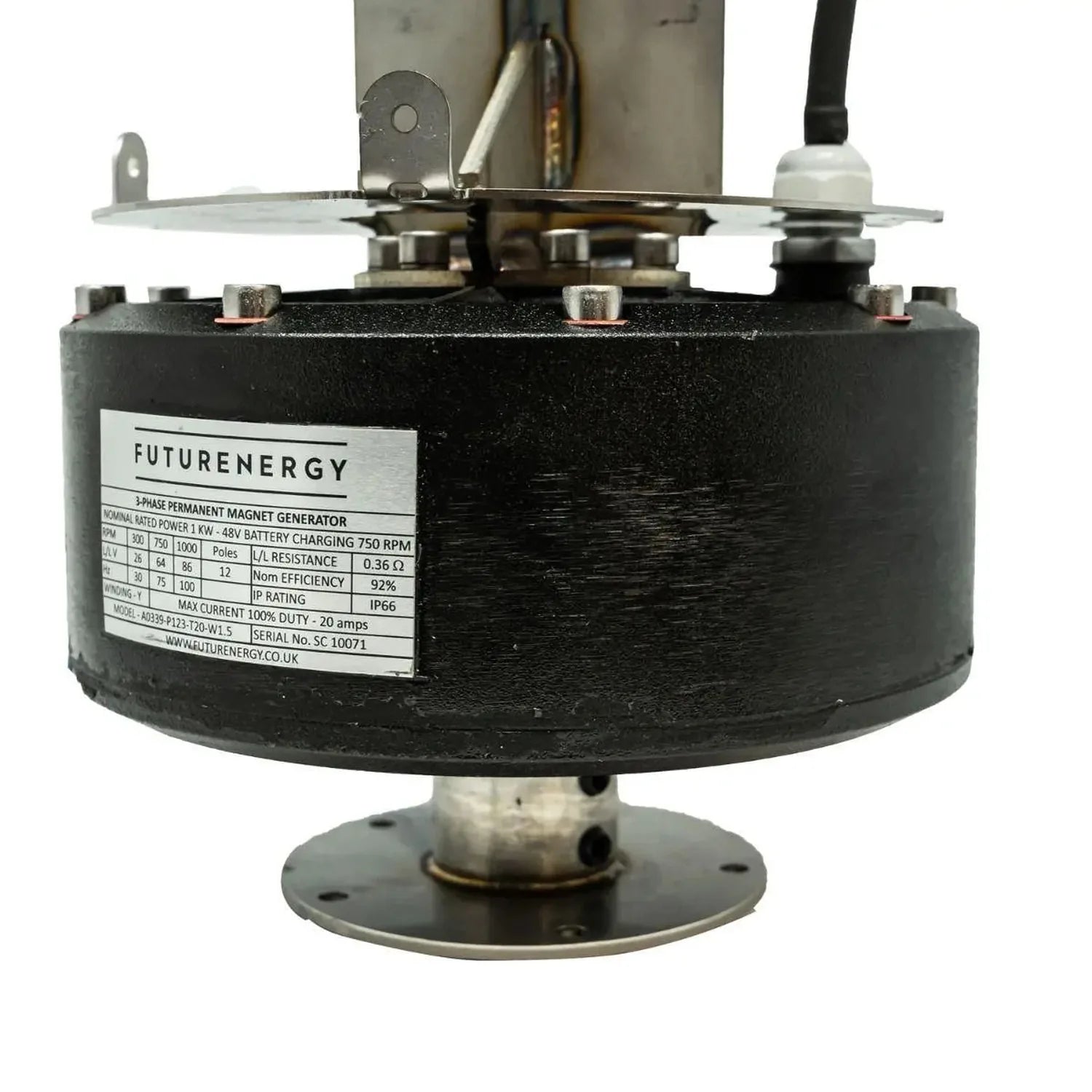 FuturEnergy 3-phase permanent magnet generator with specification label, top view showing rotor assembly and mounting bracket