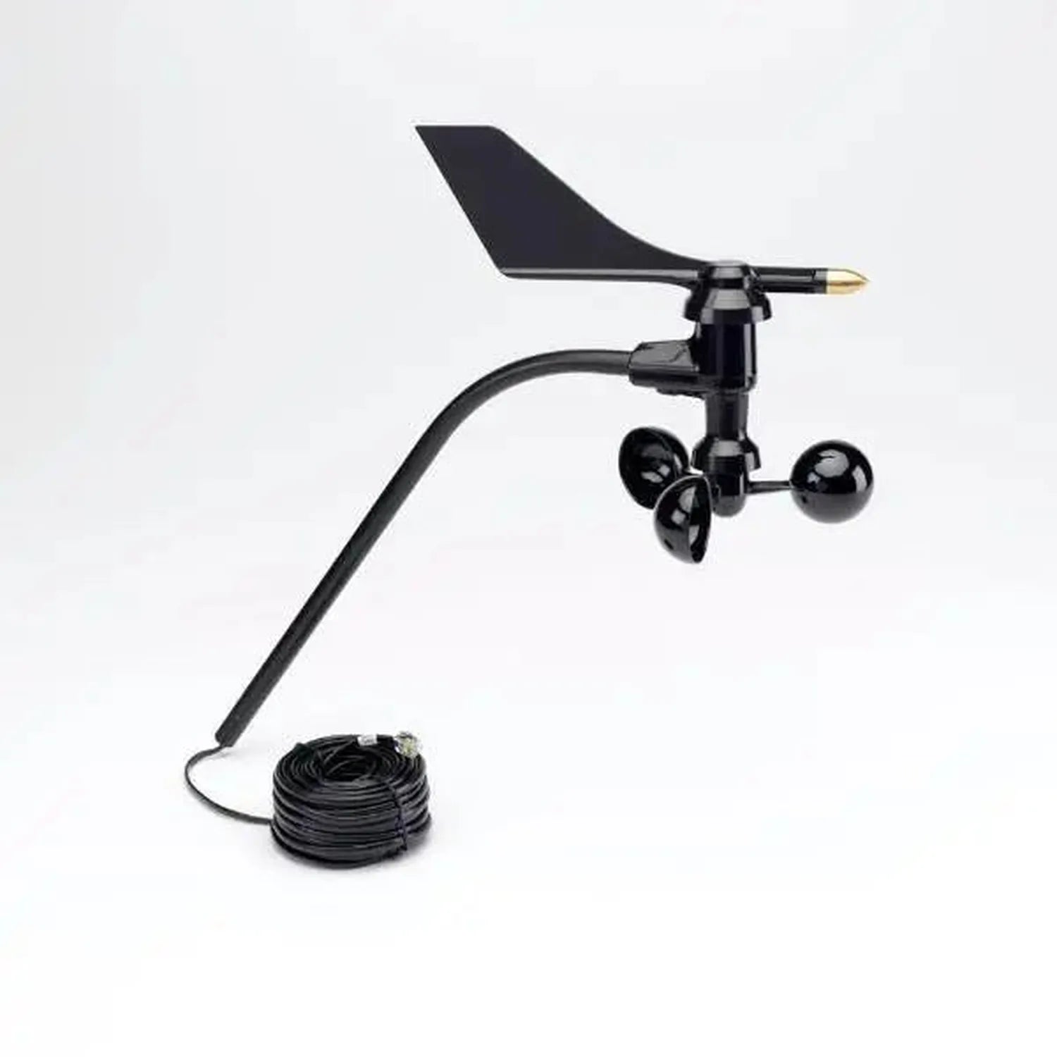 Black wind turbine generator with vane and rotor cups, coiled cable attached, displayed against white background.