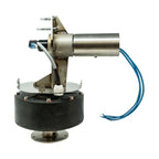 Compact wind turbine generator with cylindrical black base, metal mounting bracket, horizontal cylindrical rotor, and blue el