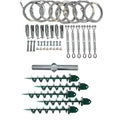 Wind turbine tower kit components laid out flat including steel cables, wire connectors, turnbuckles, mounting bolts, a horiz
