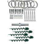 Wind turbine tower kit components laid out flat including steel cables, wire connectors, turnbuckles, mounting bolts, a horiz