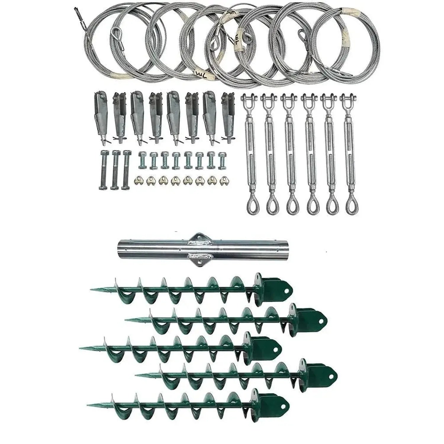 Wind turbine tower kit components laid out flat including steel cables, wire connectors, turnbuckles, mounting bolts, a horiz