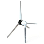 White and gray wind turbine tower kit with three blades and central hub mounted on vertical pole against white background.