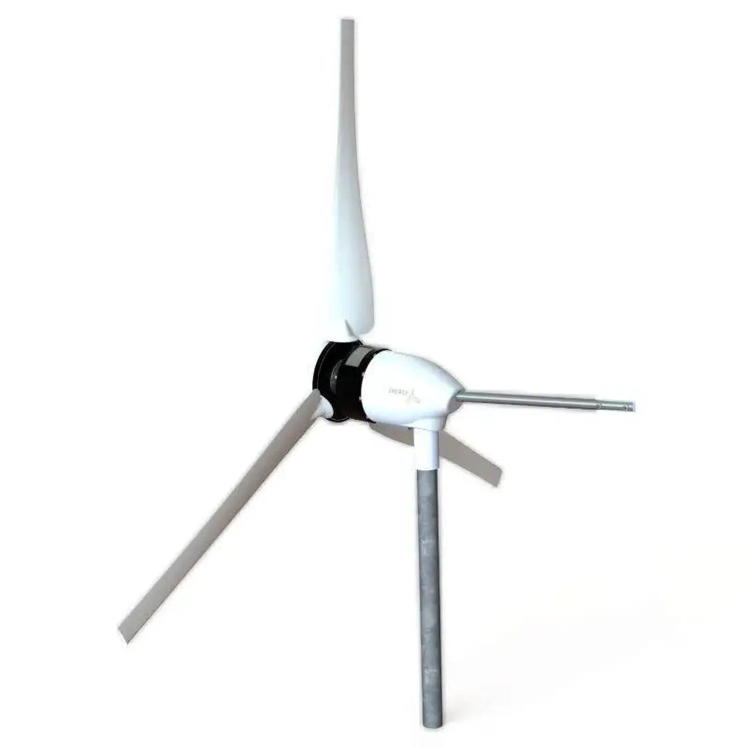 White and gray wind turbine tower kit with three blades and central hub mounted on vertical pole against white background.