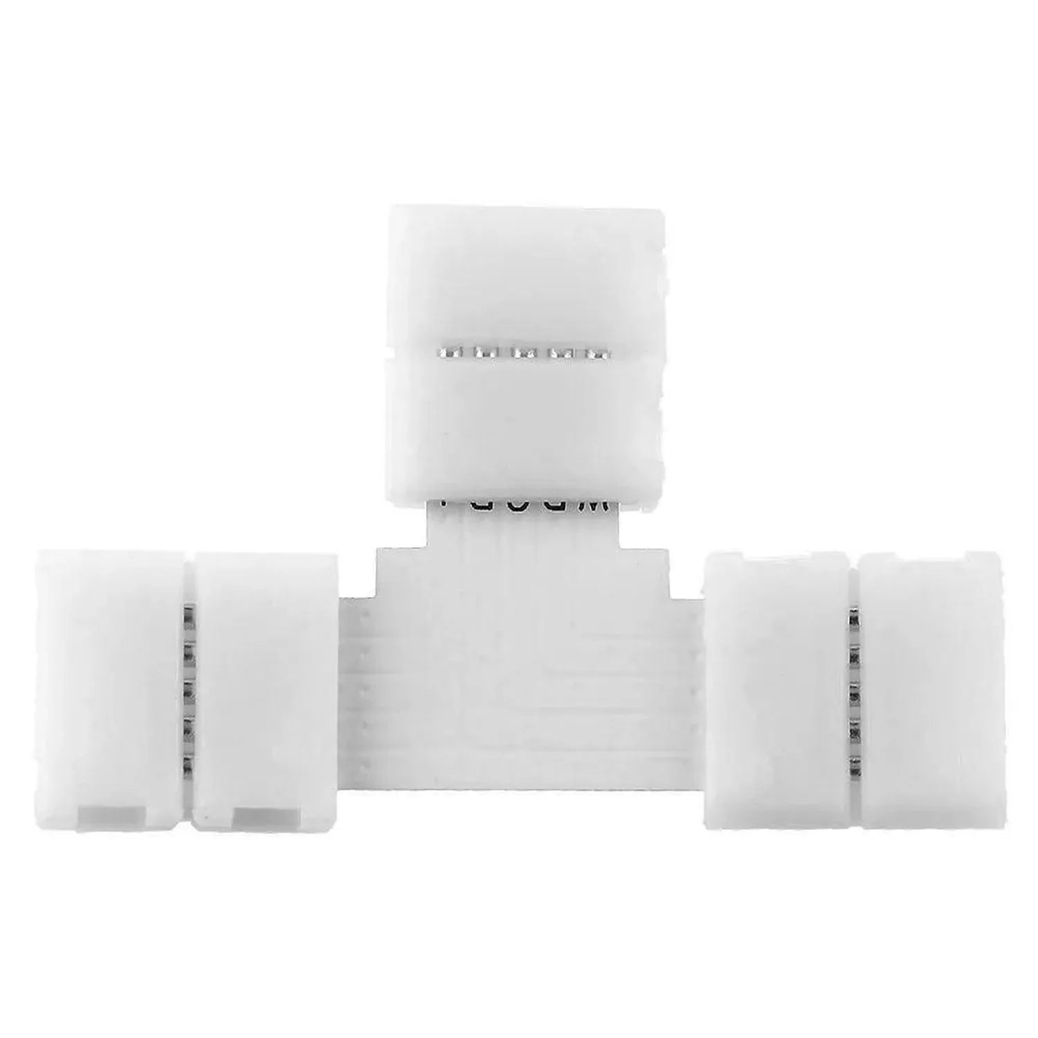 T-shaped white plastic connector with six metal pins, shown disassembled with four clip-on end pieces arranged around central