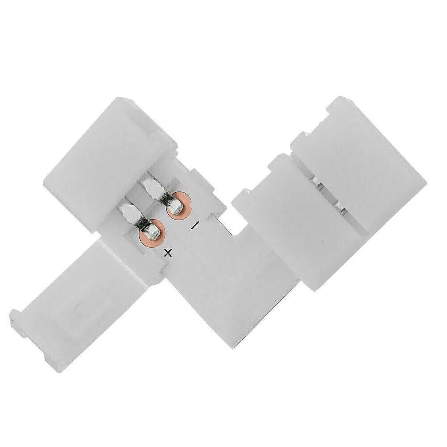 L-shaped LED strip connector with two copper pins and white housing, shown disconnected to display internal contact mechanism