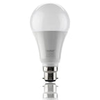 Voltagon LED globe bulb with B22 bayonet base, white diffuser, and specifications printed on lower body against white backgro