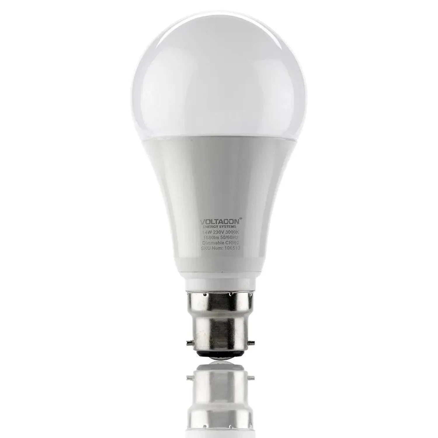 Voltagon LED globe bulb with B22 bayonet base, white diffuser, and specifications printed on lower body against white backgro