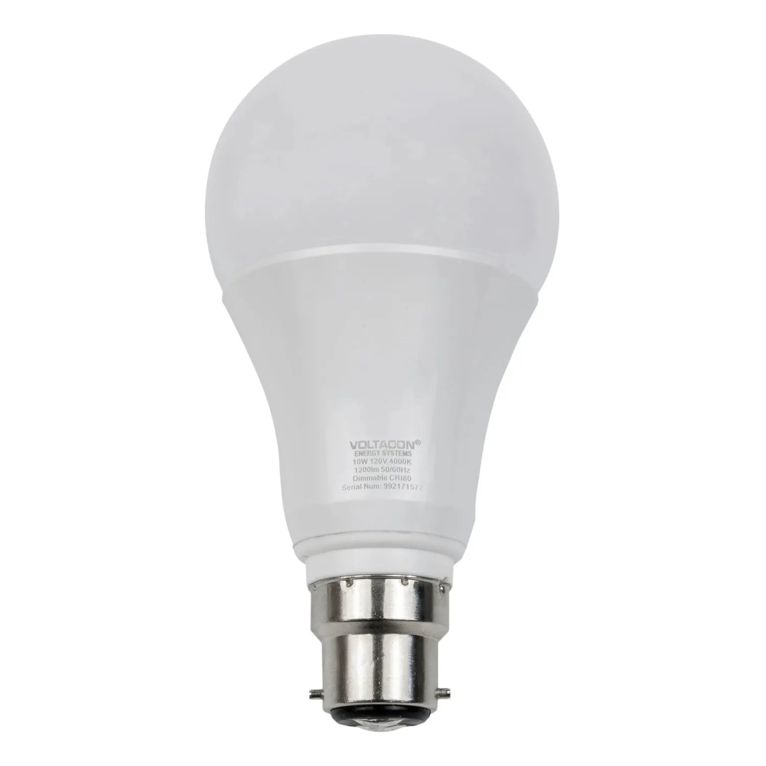 Voltagon 10W B22 LED globe bulb with warm white 4000K color temperature, shown against white background with visible product 