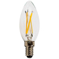 LED candle bulb with clear glass shell, E14 screw base, and yellow and white glowing filaments inside.
