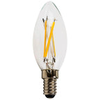 LED candle bulb with clear glass shell, E14 screw base, and yellow and white glowing filaments inside.