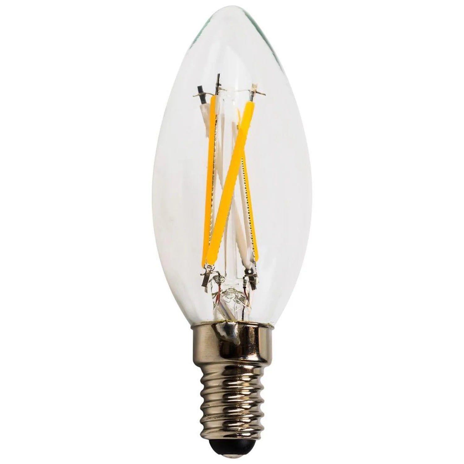 LED candle bulb with clear glass shell, E14 screw base, and yellow and white glowing filaments inside.