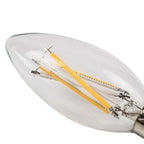 Clear LED candle bulb with yellow and white filament strands, E14 base, shown against white background.