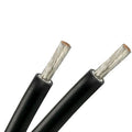 Two black solar cables with tinned copper conductors exposed at the ends, shown against white background.
