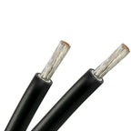 Two black solar cables with tinned copper conductors exposed at the ends, shown against white background.