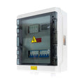 White electrical enclosure with transparent door showing circuit breakers, monitoring equipment, and high voltage warning lab
