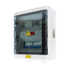 White electrical enclosure with transparent door showing circuit breakers, monitoring equipment, and high voltage warning lab