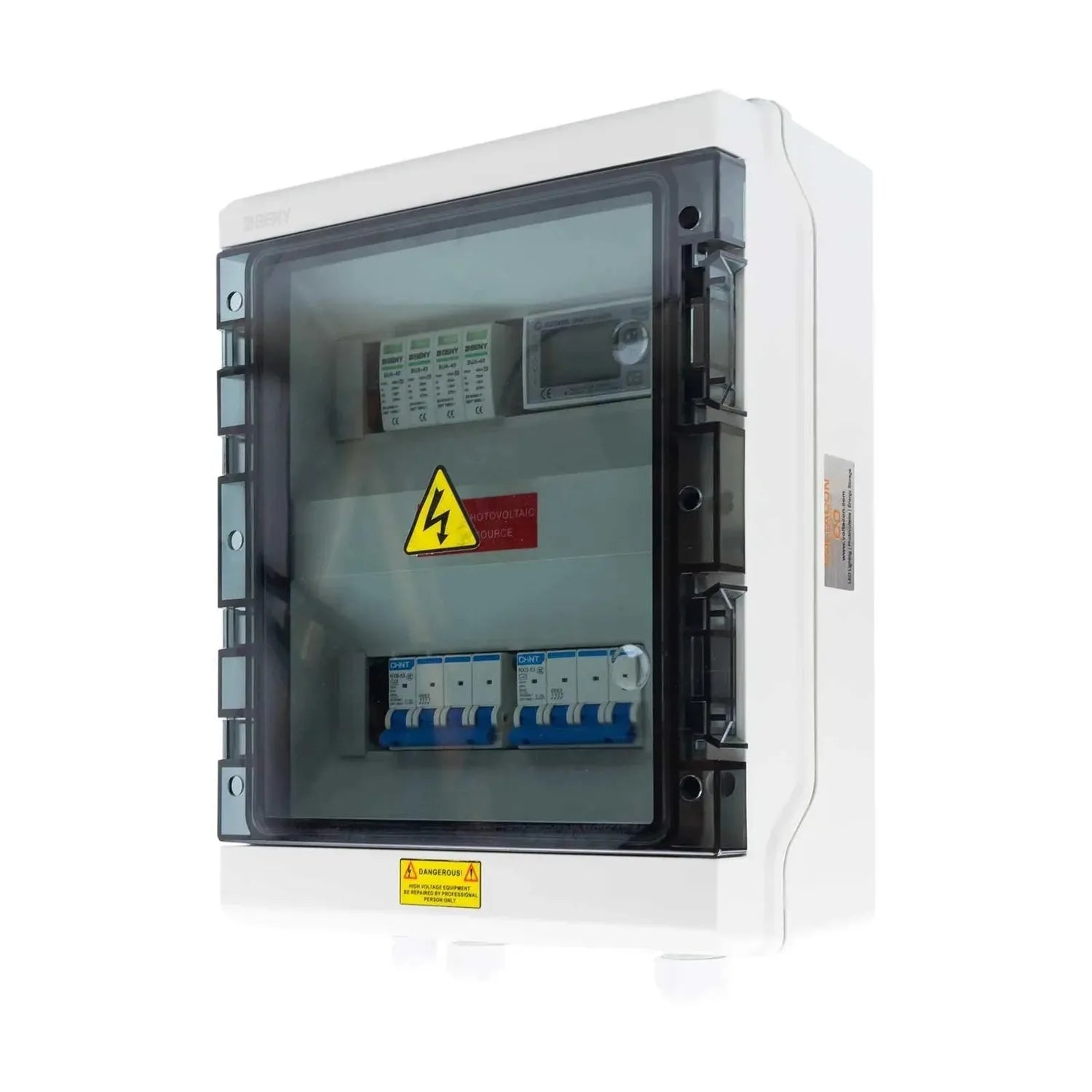 White electrical enclosure with transparent door showing circuit breakers, monitoring equipment, and high voltage warning lab
