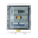Electrical distribution enclosure with clear polycarbonate door showing four surge protection modules, dual circuit breakers,